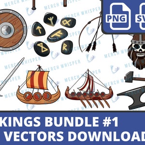 May include: A digital download bundle of 15 vector illustrations of Viking-themed items, including a shield, sword, runes, a longboat, an anvil, a hammer, and a Viking warrior with a beard and skull. The image includes the text "VIKINGS BUNDLE #1 15 VECTORS DOWNLOAD".