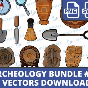 May include: A set of 15 vector illustrations of archaeological artifacts, including a compass, magnifying glass, shovel, brush, pottery, trilobite fossil, ammonite fossil, stone tablet, and a spear point. The illustrations are in a cartoon style and are perfect for use in educational materials, websites, or social media.
