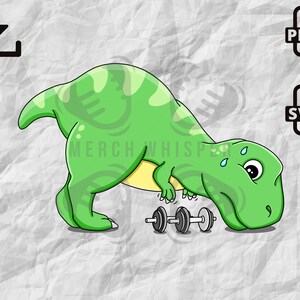 Op de afbeelding: Een groene cartoon-dinosaurus die gewichten heft. De dinosaurus zweet en heeft een vastberaden uitdrukking op zijn gezicht.