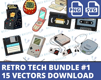 Retro technologie SVG-bundel voor shirts // 80s Electronics PNG Sublimation Files // Vintage Tech Clipart commercieel gebruik