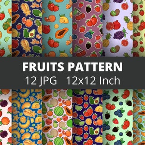 Puede incluir: Doce patrones digitales sin costuras que presentan varias frutas, incluyendo sandía, papaya, piña, aguacate, carambola, granada, cerezas, arándanos, frambuesas y fresas. Cada patrón es de 12x12 pulgadas.