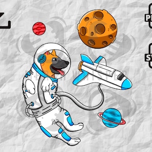 以下が含まれることがあります： 青いアクセントのついた白い宇宙服を着た漫画の犬が宇宙を漂っています。犬は青いアクセントのついた白い宇宙船に掴まっています。背景には、クレーターのある茶色の月、リングのある青い惑星、赤い惑星があります。