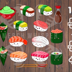 15 Kawaii Sushi SVG, Nigiri Illustration Bundle, Japanese Vector Pack, Maki PNG Files For Sublimation, Asian Food Clip Art, Commercial Use