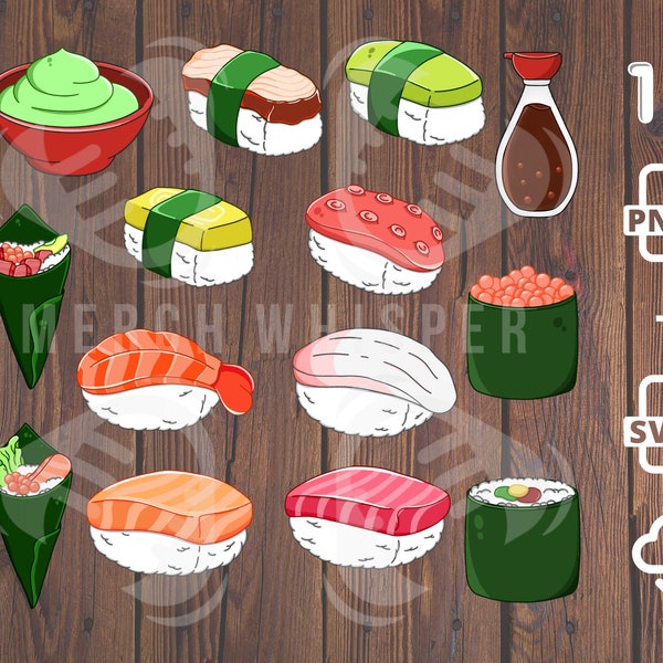 15 Sushi SVG, Nigiri Illustration Bundle, Japanese Vector Pack, Maki PNG Files For Sublimation, Asian Food Clip Art, Commercial Use