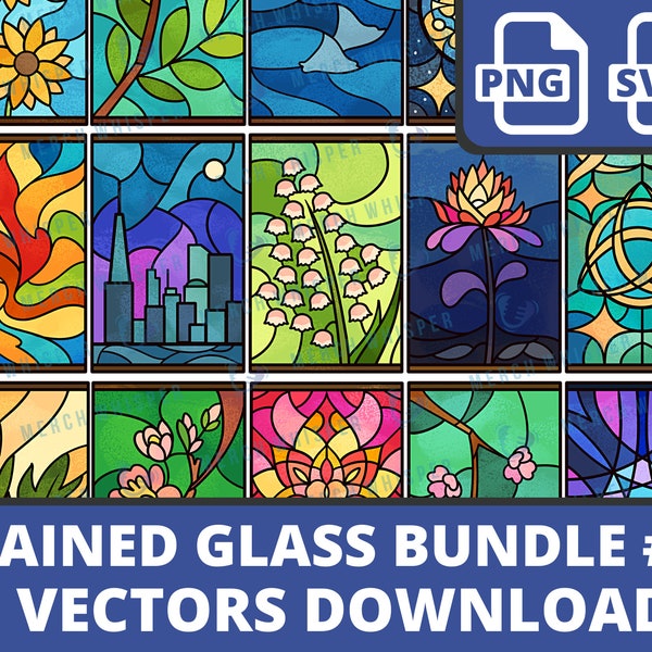 Stained Glass SVG Bundle For Shirts // Glasswork PNG Sublimation Files // Leaded Window Clipart Commercial Use