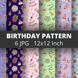 May include: Six colourful birthday party themed seamless patterns. Each pattern features a different combination of birthday cake, balloons, party hats, confetti, champagne bottles, and fireworks. The patterns are 12x12 inches and are available as JPG files.
