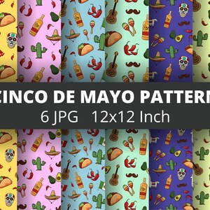 May include: Six colourful digital paper patterns featuring various Cinco de Mayo themed illustrations, including maracas, sombreros, tacos, tequila bottles, moustaches, and avocados. Each pattern is 12x12 inches.