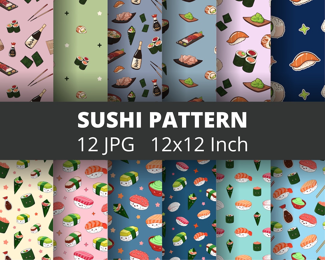 Sushi Box Pattern 12 Sushi Pattern Bundle, Kawaii Sushi Party JPG, Asian Food Digitial ...