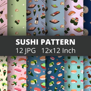 Puede incluir: Doce patrones diferentes con temática de sushi que presentan varios rollos de sushi, botellas de salsa de soja, palillos y otros elementos relacionados con el sushi. Cada patrón mide 12x12 pulgadas.