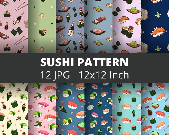12 Sushi Pattern Bundle, Kawaii Sushi Party JPG, Asian Food Digitial Paper, Seamless Patterns Commercial Use, Maki Clipart Instant Download
