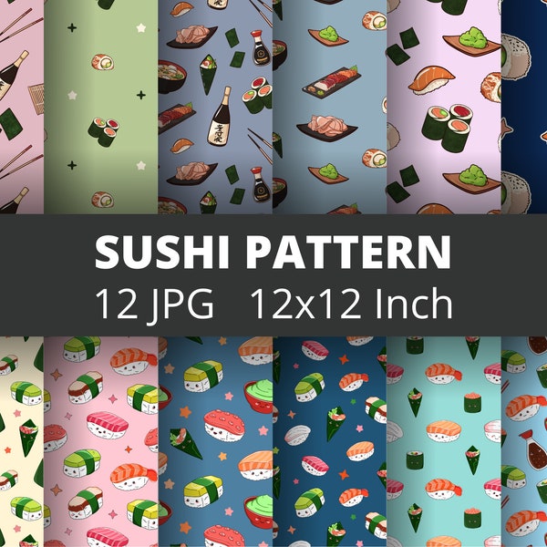 12 Sushi Pattern Bundle, Kawaii Sushi Party JPG, Asian Food Digitial Paper, Seamless Patterns Commercial Use, Maki Clipart Instant Download