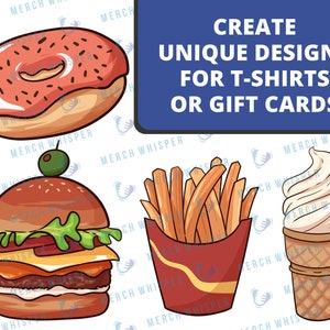 May include: Four illustrations of food items: a pink and white donut with sprinkles, a hamburger with lettuce, tomato, cheese, and a pickle, a red container of chips, and a vanilla ice cream cone in a waffle cone.