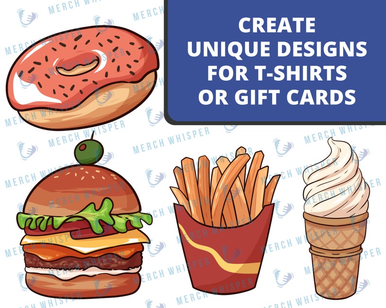 May include: Four illustrations of food items: a pink and white donut with sprinkles, a hamburger with lettuce, tomato, cheese, and a pickle, a red container of chips, and a vanilla ice cream cone in a waffle cone.