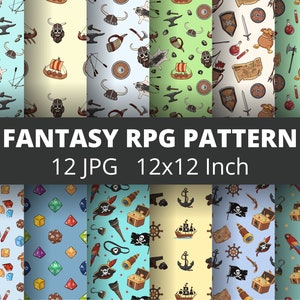 May include: Twelve seamless digital paper patterns featuring fantasy role-playing game (RPG) icons. The patterns include a variety of colourful icons such as dice, treasure chests, swords, potions, and more. Each pattern is 12x12 inches.