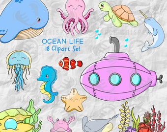 18 Ocean Life SVG Bundle, Sea Life PNG Files For Sublimation, Pegatinas de Animales Marinos, Camiseta Clipart de Pez Payaso, Vector Imprimible de Caballo de Mar