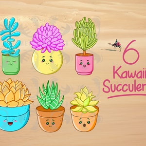 May include: Six cute cartoon succulents in pots with happy faces. The succulents are in various colors, including yellow, pink, green, and blue. The text "6 Kawaii Succulents" is written in pink on a light brown background.