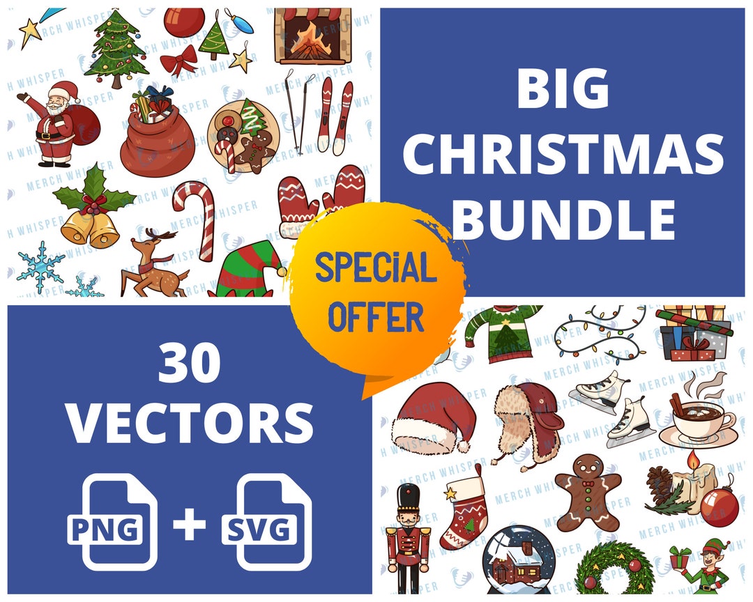 30 Christmas SVG Shirt Bundle, Santa Claus Clipart PNG Sticker, Snowman ...