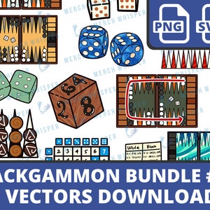 May include: A set of 15 vector illustrations of backgammon game elements, including dice, game boards, and checkers. The illustrations are in a cartoon style and feature bright colors.