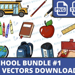 Puede incluir: Un conjunto de 15 ilustraciones vectoriales con temática escolar, que incluyen un autobús escolar amarillo, una manzana roja, un globo terráqueo, una mochila azul, un libro, lápices de colores, una regla, una fiambrera, una goma de borrar y un bolígrafo. Las ilustraciones son de estilo de dibujos animados y son perfectas para usar en materiales educativos, sitios web o redes sociales.
