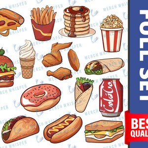 May include: A set of 12 cartoon illustrations of various fast food items, including a pizza slice, chips, pancakes, popcorn, ice cream cone, chicken wings, a burrito, a kebab, a doughnut, a hot dog, a taco, and a sandwich. The illustrations are in a bright, colourful style and are perfect for use in a variety of projects.