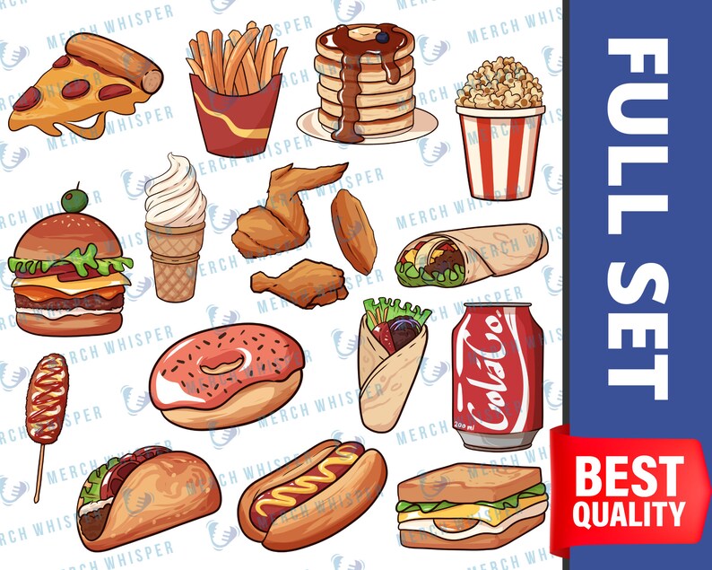May include: A set of 12 cartoon illustrations of various fast food items, including a pizza slice, chips, pancakes, popcorn, ice cream cone, chicken wings, a burrito, a kebab, a doughnut, a hot dog, a taco, and a sandwich. The illustrations are in a bright, colourful style and are perfect for use in a variety of projects.