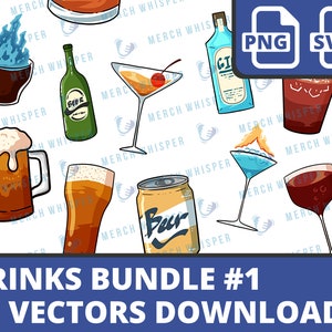 Può includere: Un set di 15 illustrazioni vettoriali di diverse bevande, tra cui birra, cocktail e vino. Le illustrazioni sono in stile cartone animato e presentano colori vivaci. Il testo "DRINKS BUNDLE #1 15 VECTORS DOWNLOAD" è nella parte inferiore dell'immagine.