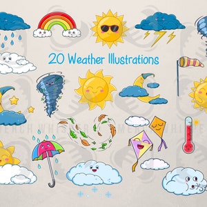 20 Kawaii Weather SVG Bundle, Cute Sun PNG Files Shirts, Rainbow And Clouds Clipart Commercial Use, Sleeping Moon moon Sublimation Download