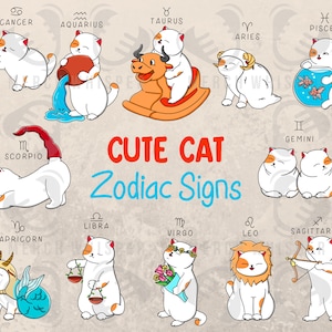 12 Cat Zodiac Sign SVG Bundle, Cute Animal Horoscope PNG, Astrology Sublimation Designs Downloads, Star Constellation Clipart Commercial Use