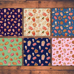 May include: Six different seamless patterns featuring various fast food items, including burgers, fries, popcorn, donuts, and soda. The patterns are in a variety of colors, including blue, green, pink, and yellow.