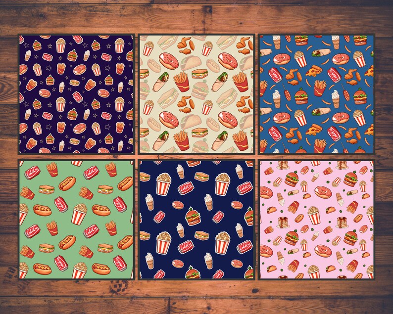 May include: Six different seamless patterns featuring various fast food items, including burgers, fries, popcorn, donuts, and soda. The patterns are in a variety of colors, including blue, green, pink, and yellow.