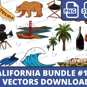 May include: A set of 15 California-themed vector illustrations, including a bear, a surfboard, a wave, a palm tree, a wine bottle and glass, a film camera, a director's chair, the Golden Gate Bridge, and the Hollywood sign. The illustrations are in a cartoon style and are perfect for use in digital projects.