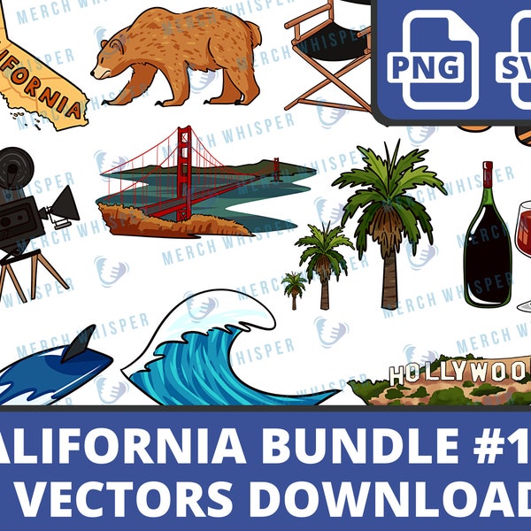 15 California SVG Bundle, Golden Gate Bridge Clipart, Hollywood Sign Print, California Republic T Shirt, Los Angeles PNG, Instant Download