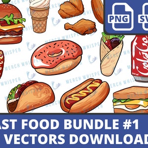 May include: A set of 15 fast food vector illustrations, including a burger, ice cream cone, fried chicken, doughnut, corn dog, taco, hot dog, sandwich, burrito, and a can of cola. The illustrations are in a cartoon style and are ideal for use in digital projects.