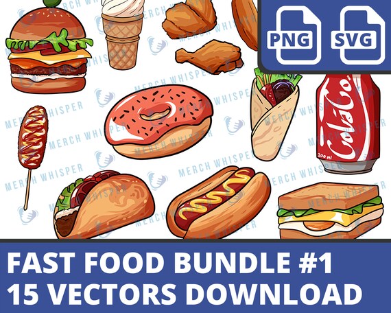 15 Fast Food Clipart SVG, Junk Food Digital Sticker, Sandwich PNG, Hot Dog Birthday Card, Ice Cream Party Invitation, Instant Download Print