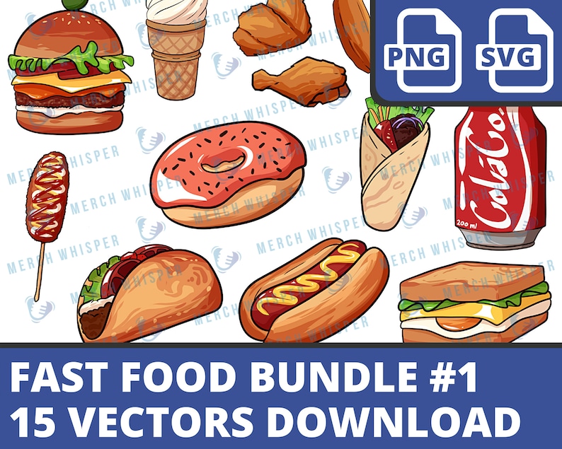 May include: A set of 15 fast food vector illustrations, including a burger, ice cream cone, fried chicken, doughnut, corn dog, taco, hot dog, sandwich, burrito, and a can of cola. The illustrations are in a cartoon style and are ideal for use in digital projects.