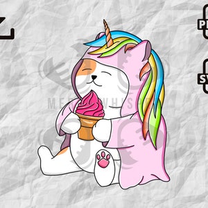 Förklädd katt enhörning SVG, Caticorn PNG, illustration för barn, glass sublimeringsdesign, direktnedladdningsbar utskrift, kawaii kattungemålning