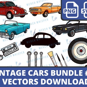 May include: A set of 15 vector illustrations of vintage cars, including a red Volkswagen Beetle, a blue convertible, a black convertible, a yellow convertible, and a silhouette of a car. The illustrations are in a cartoon style and are perfect for use in digital projects.