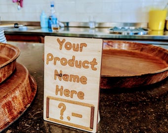 11cm tall product name sign. Displays text and price. For cafés, restaurants or supermarkets.