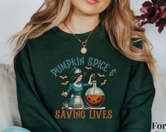 Halloween Nurse Sweatshirt, Fall Nurse Crewneck, ER Nurse Halloween Sweatshirt, Spooky Witch RN Sweatshirt, Retro Nursing Student Gift
