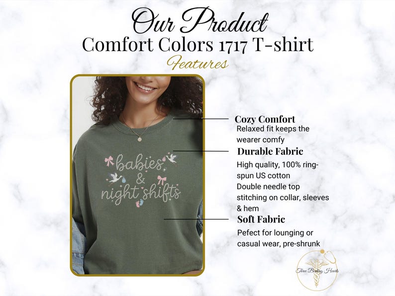 K&ouml;nnte beinhalten: Olivgr&uuml;nes Comfort Colors 1717 T-Shirt mit dem Schriftzug "babies & night shifts". Das Shirt hat eine entspannte Passform, Doppelnaht-Steppung und besteht aus weicher, vorgeschrumpfter Baumwolle. Strapazierf&auml;higer Stoff.