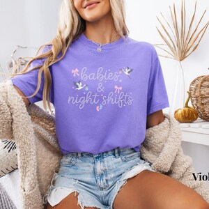 Comfort Colors NICU Nurse Faux Pearl Shirt, Babies and Night Shifts Neonatal Nurse tshirt, Coquette Graduation Gift for NNP Violet