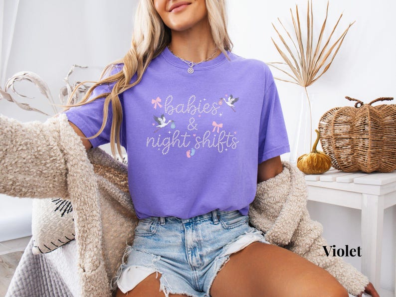 Comfort Colors NICU Nurse Faux Pearl Shirt, Babies and Night Shifts Neonatal Nurse tshirt, Coquette Graduation Gift for NNP Violet