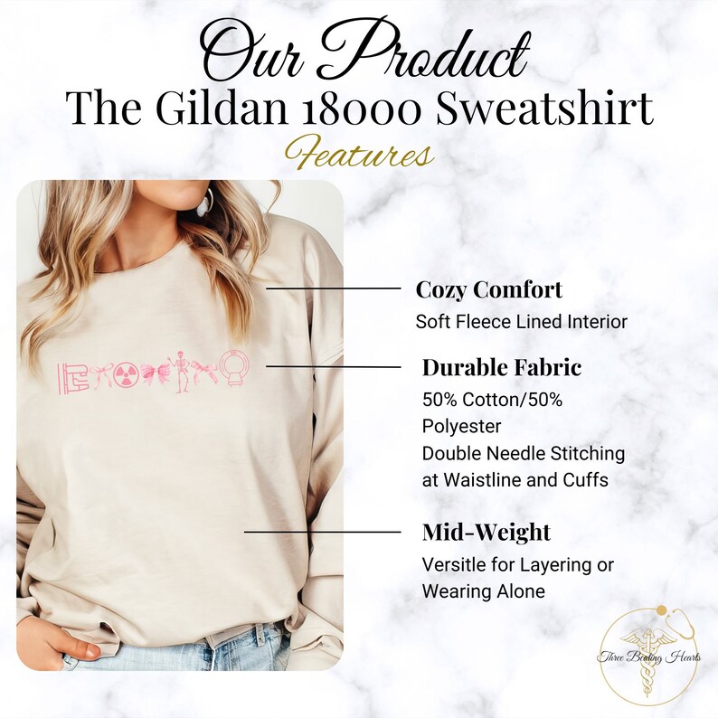 May include: A beige Gildan 18000 sweatshirt with a pink graphic print. The sweatshirt features a soft fleece lined interior, 50% cotton and 50% polyester fabric, double needle stitching at the waistline and cuffs, and is mid-weight for layering or wearing alone.