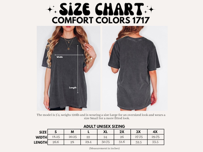 K&ouml;nnte beinhalten: Gr&ouml;&szlig;entabelle f&uuml;r Comfort Colors 1717 Unisex-T-Shirts f&uuml;r Erwachsene. Die Tabelle enth&auml;lt Ma&szlig;e in Zoll f&uuml;r die Gr&ouml;&szlig;en S bis 4XL. Das Bild zeigt ein Model, das Gr&ouml;&szlig;e Large f&uuml;r einen &uuml;bergro&szlig;en Look und Gr&ouml;&szlig;e Small f&uuml;r einen engeren Look tr&auml;gt.