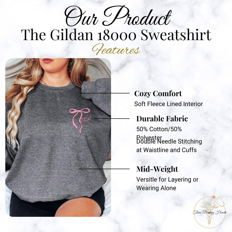 May include: A gray sweatshirt with a pink bow and the word "witch" embroidered on the front. The sweatshirt is made of a soft fleece lined fabric and is 50% cotton and 50% polyester. It is a mid-weight sweatshirt that is versatile for layering or wearing alone.