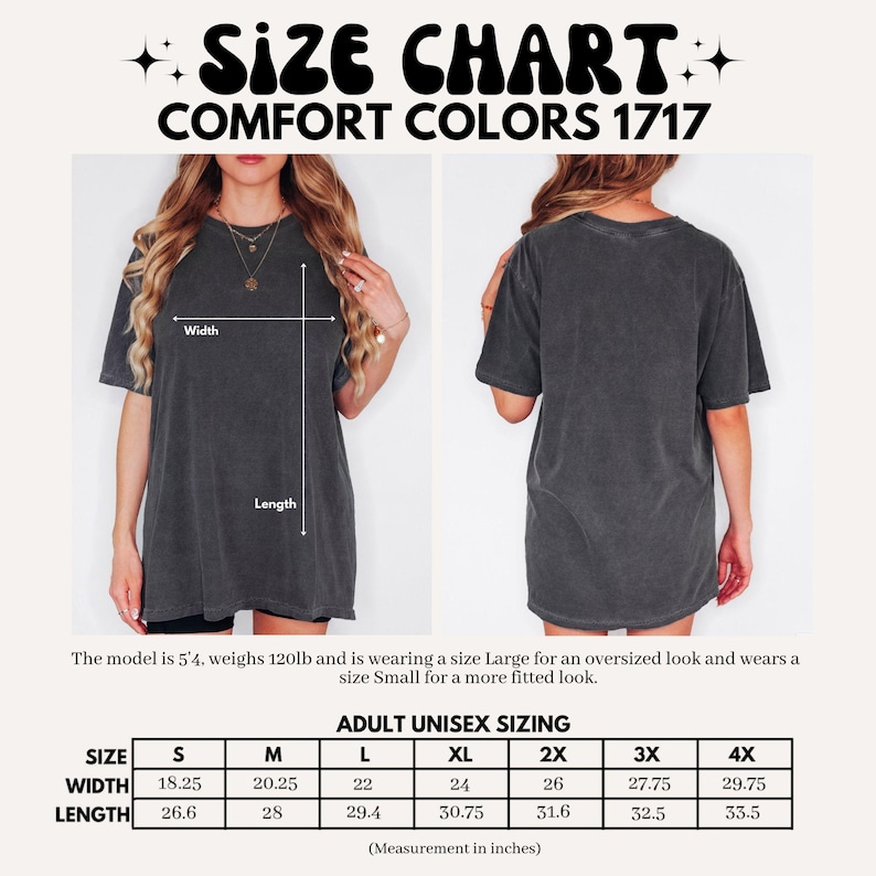 Op de afbeelding: Maattabel voor unisex T-shirts in Comfort Colors 1717. De tabel toont de afmetingen in inches voor maten S tot en met 4X, inclusief breedte en lengte.