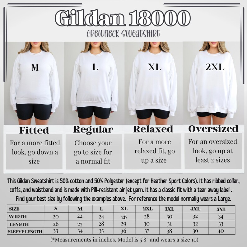 May include: Size chart for Gildan 18000 crewneck sweatshirts. The chart shows measurements in inches for width, length, and sleeve length for sizes S through 5XL. The chart also includes descriptions of the fit for each size: fitted, regular, relaxed, and oversized.