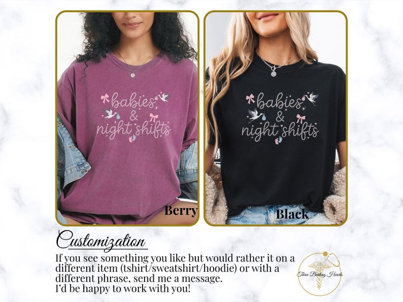 K&ouml;nnte beinhalten: Zwei T-Shirts, eines in Beere und eines in Schwarz, mit dem gestickten Schriftzug "babies & night shifts" und dekorativen Elementen. Das Bild enth&auml;lt auch Text zu Anpassungsoptionen f&uuml;r das Design.