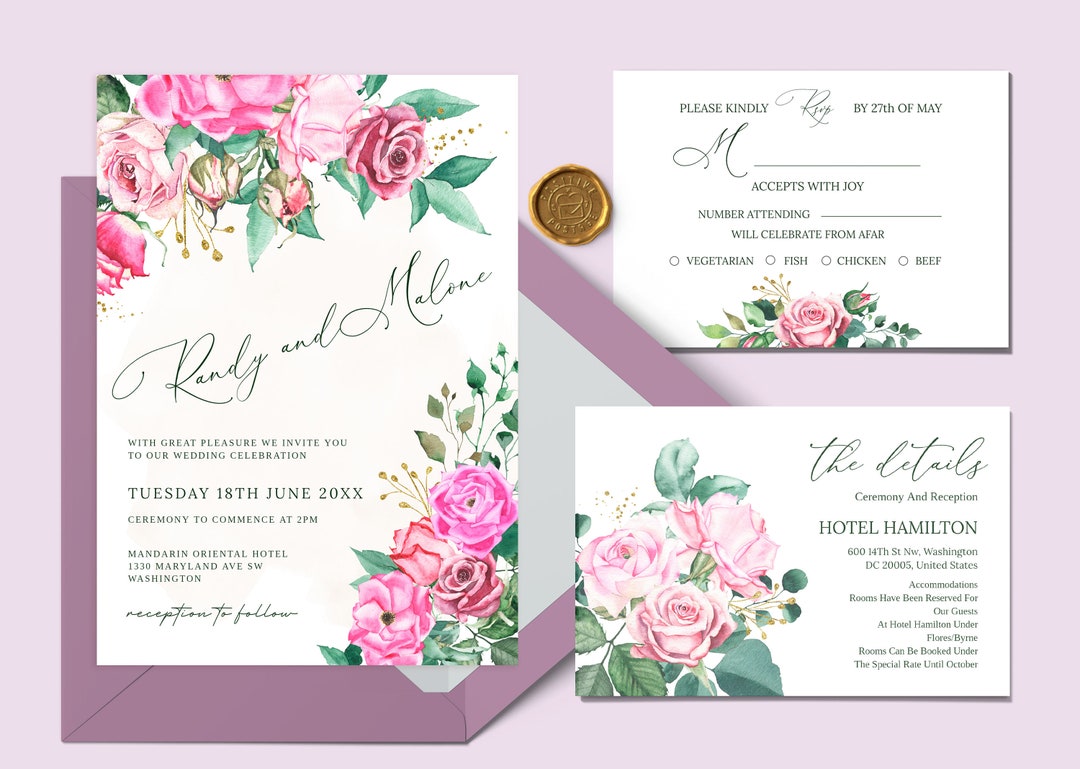 Mauve Wedding Invitation Templates Suite, Digital Invite Editable