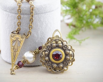 Antique Locket Necklace with Photo Printing & Insert Service, Deep Red Crystals and Genuine Pearls